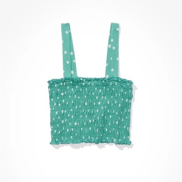 Anerican Eagle Cropped Smocked Floral Tank Top Cotton Modal Blend Teal Size XS - Picture 4 of 13